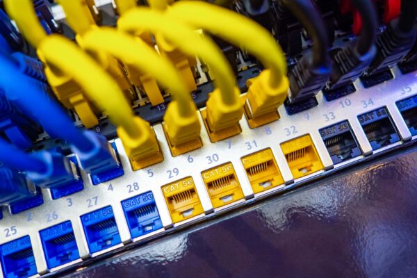 Network hardware. Concept - equipment for providing enterprise with Internet. Fragment of network LAN equipment close-up. Blue and yellow network cables are connected to internet equipment.